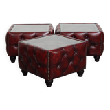 Set of 3 Red Leather Chesterfield Side/Coffee Tables with Glass Tops