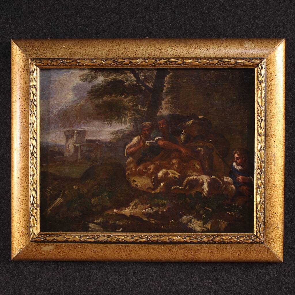 Peinture italienne antique du XVIIIe siècle, paysage avec scène pastorale