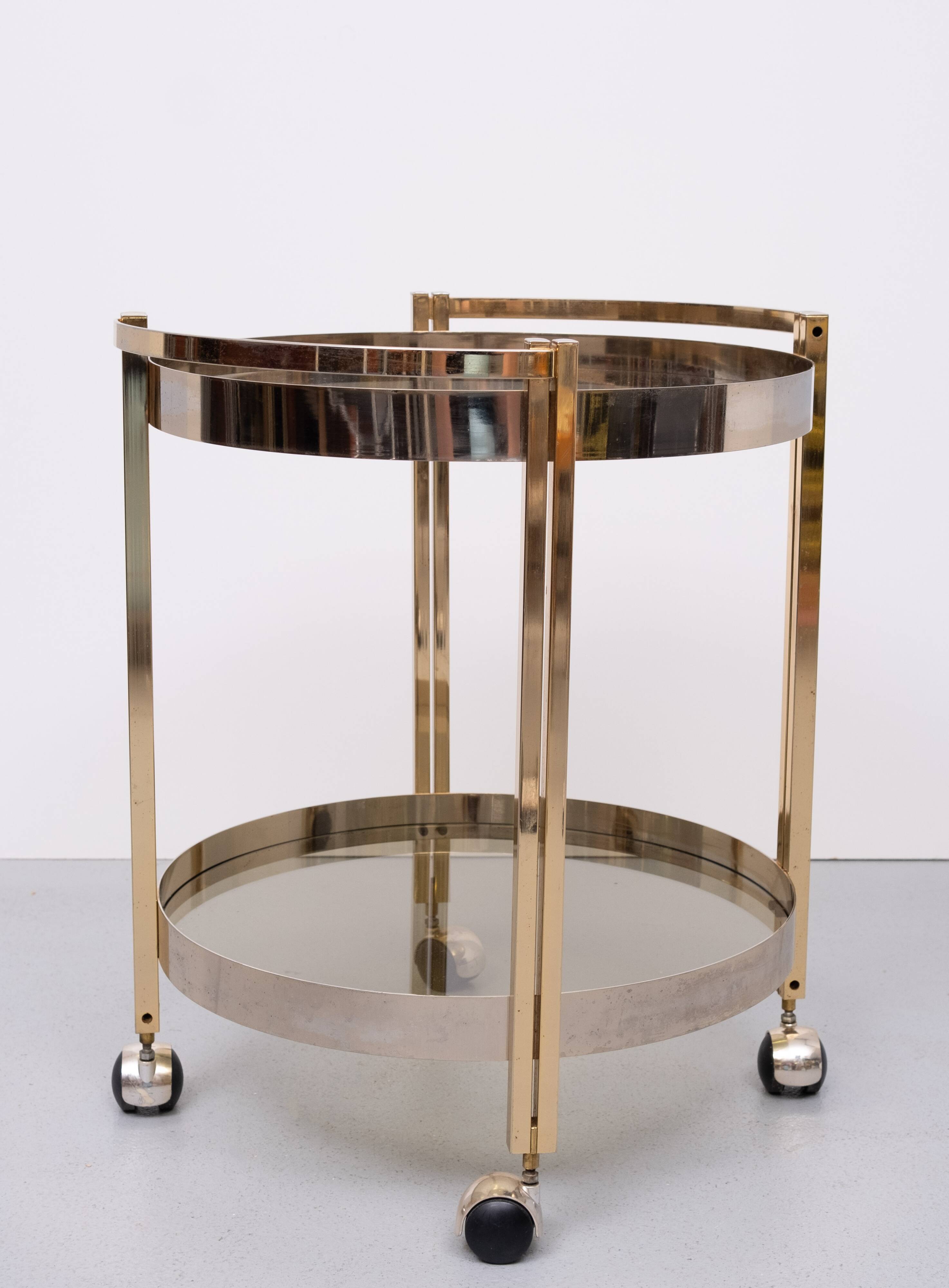 Hollywood Regency round Brass and Nickel Serving trolley 1970s