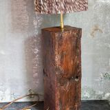 Brutalist lamp Art-populaire in solid wood, wool lampshade