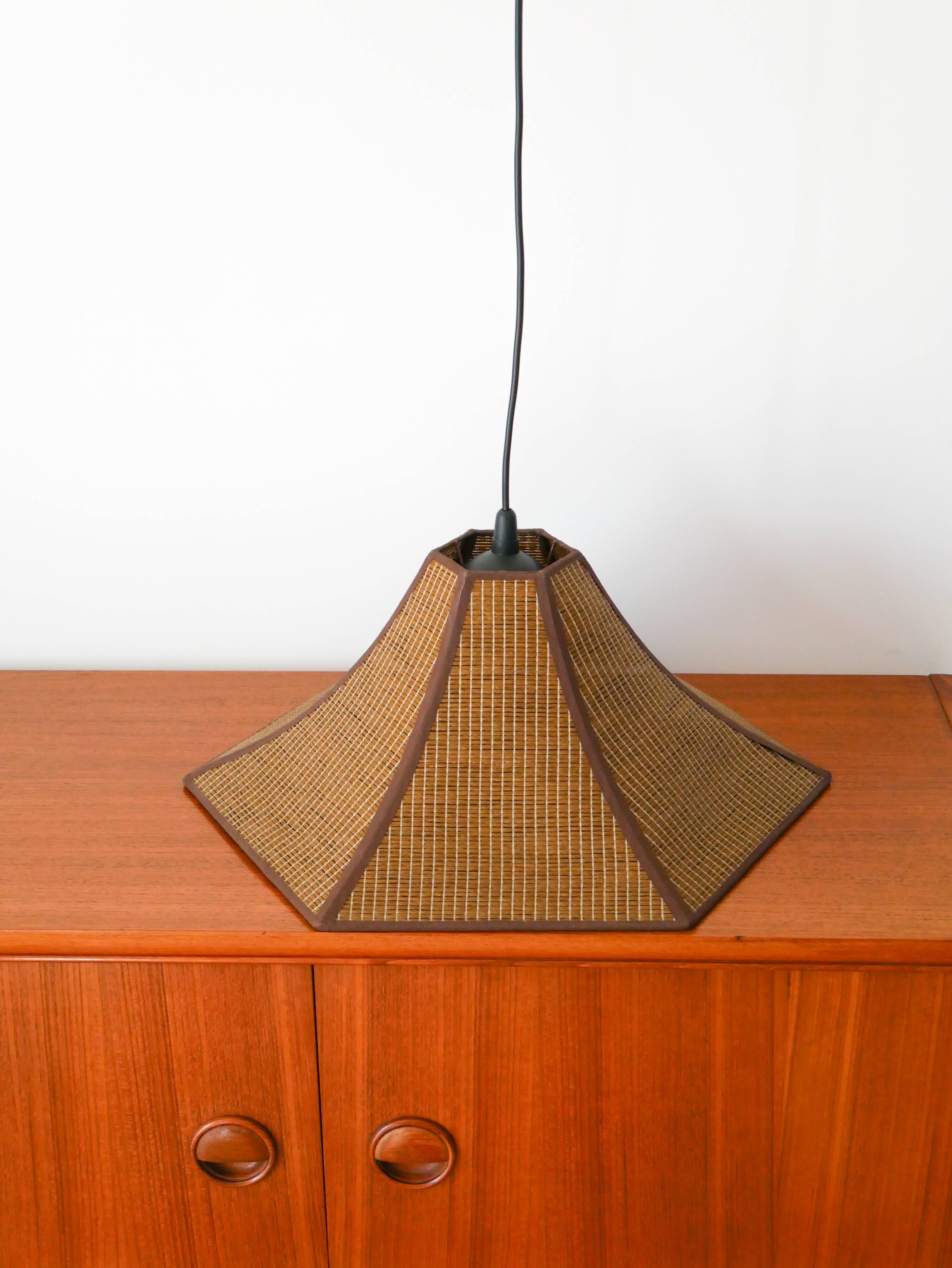 Hexagonal pendant light in brown rattan, 1970