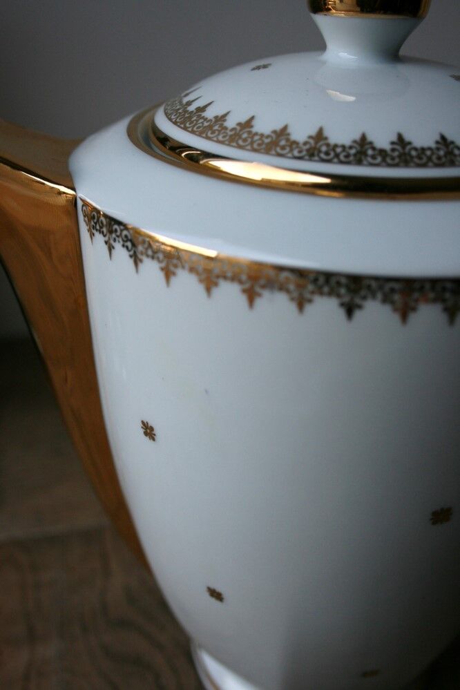 White and gold Limoges porcelain teapot