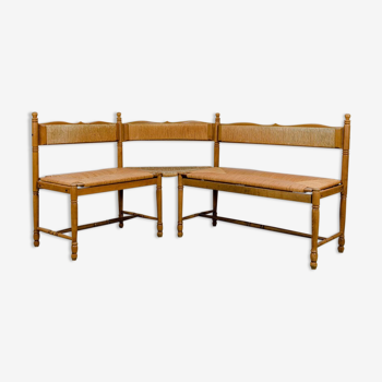 Wooden & straw corner bench