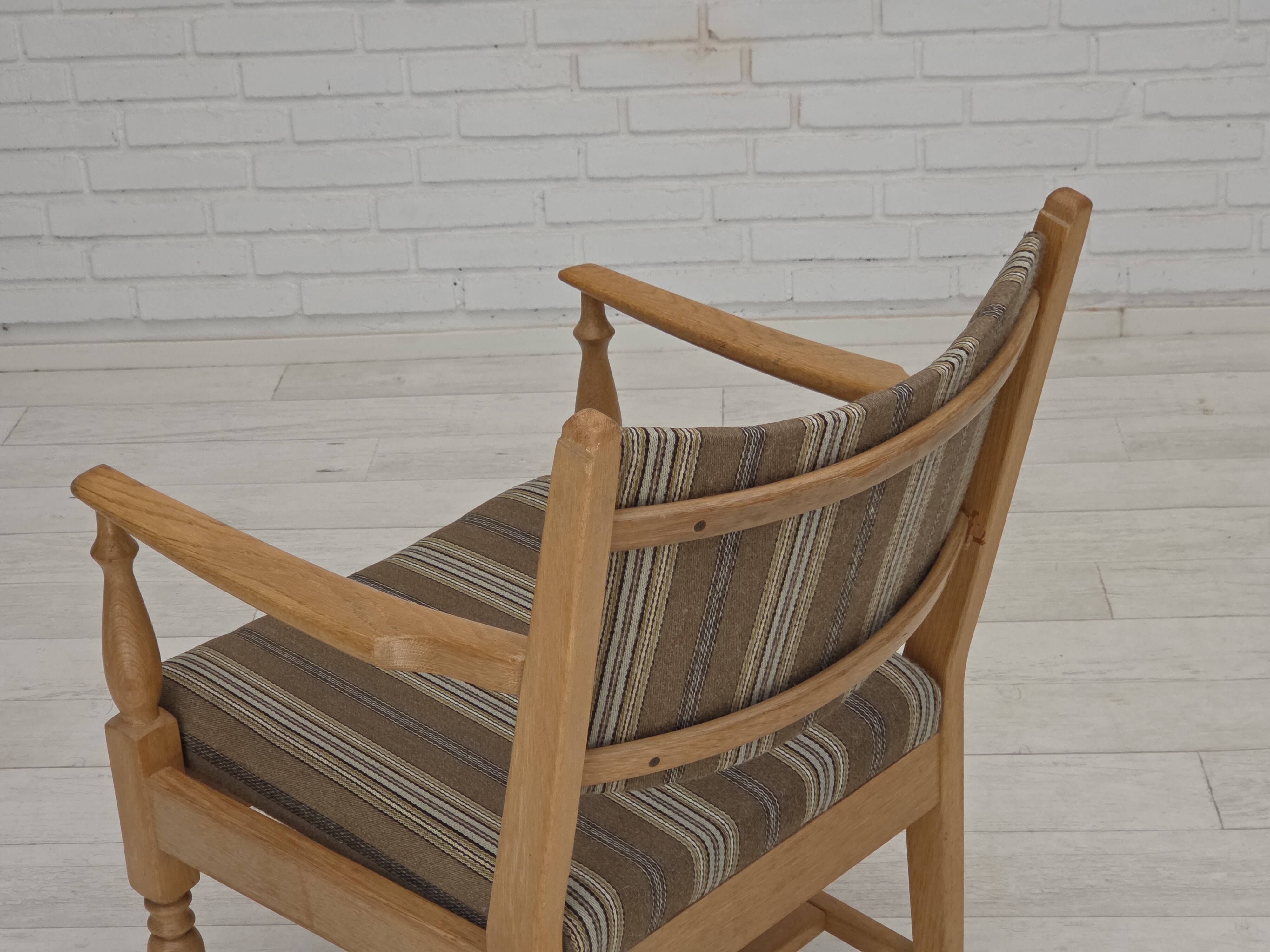 1970s, pair of Scandinavian armchairs, furniture wool, solid oak wood.