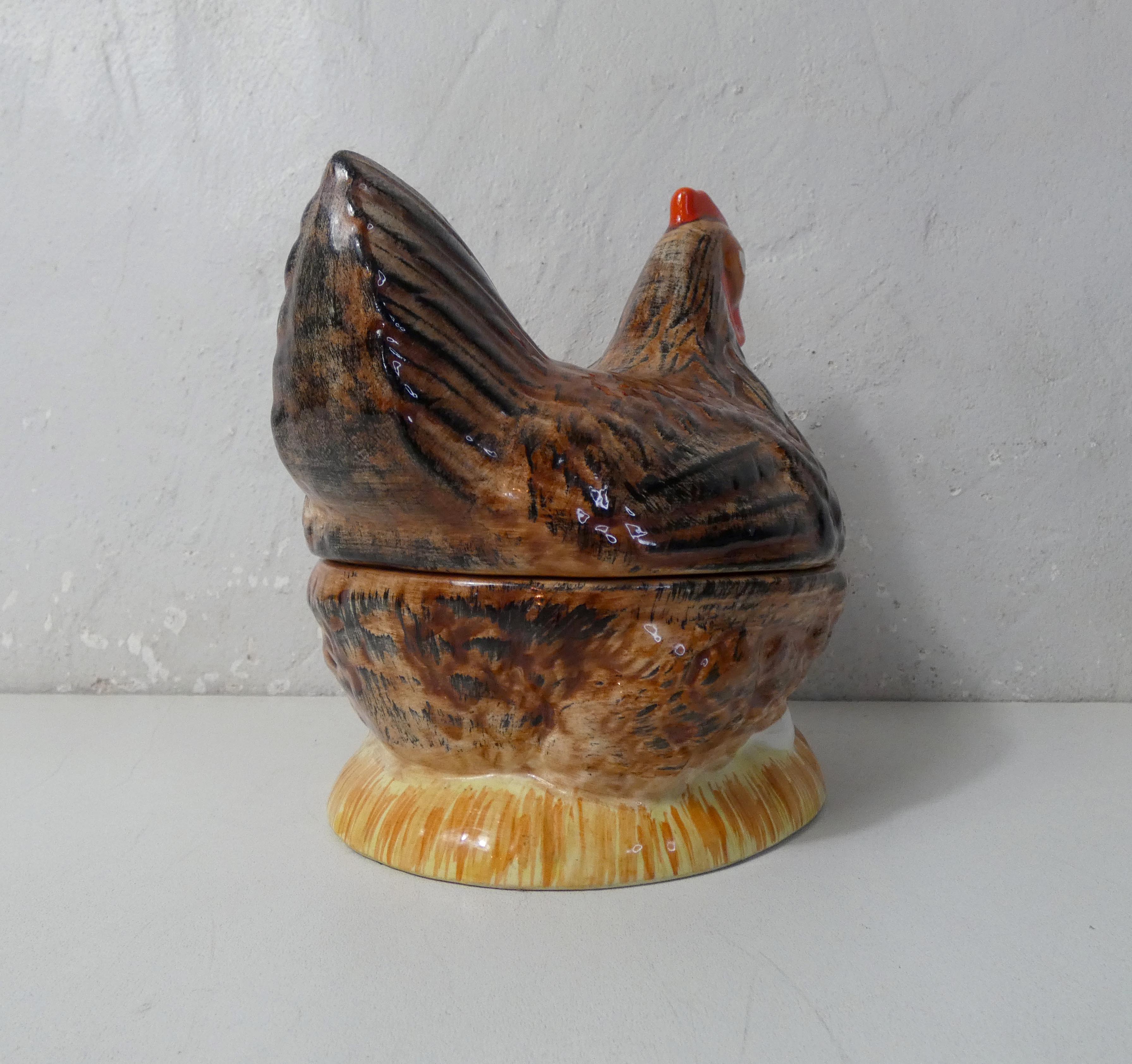 Terrine hen slip ceramic signed Caugant