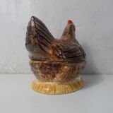 Terrine hen slip ceramic signed Caugant