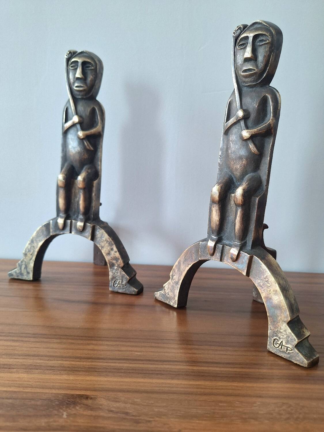 Anton Prinner pair of bronze andirons, Shaman model, statuettes vi