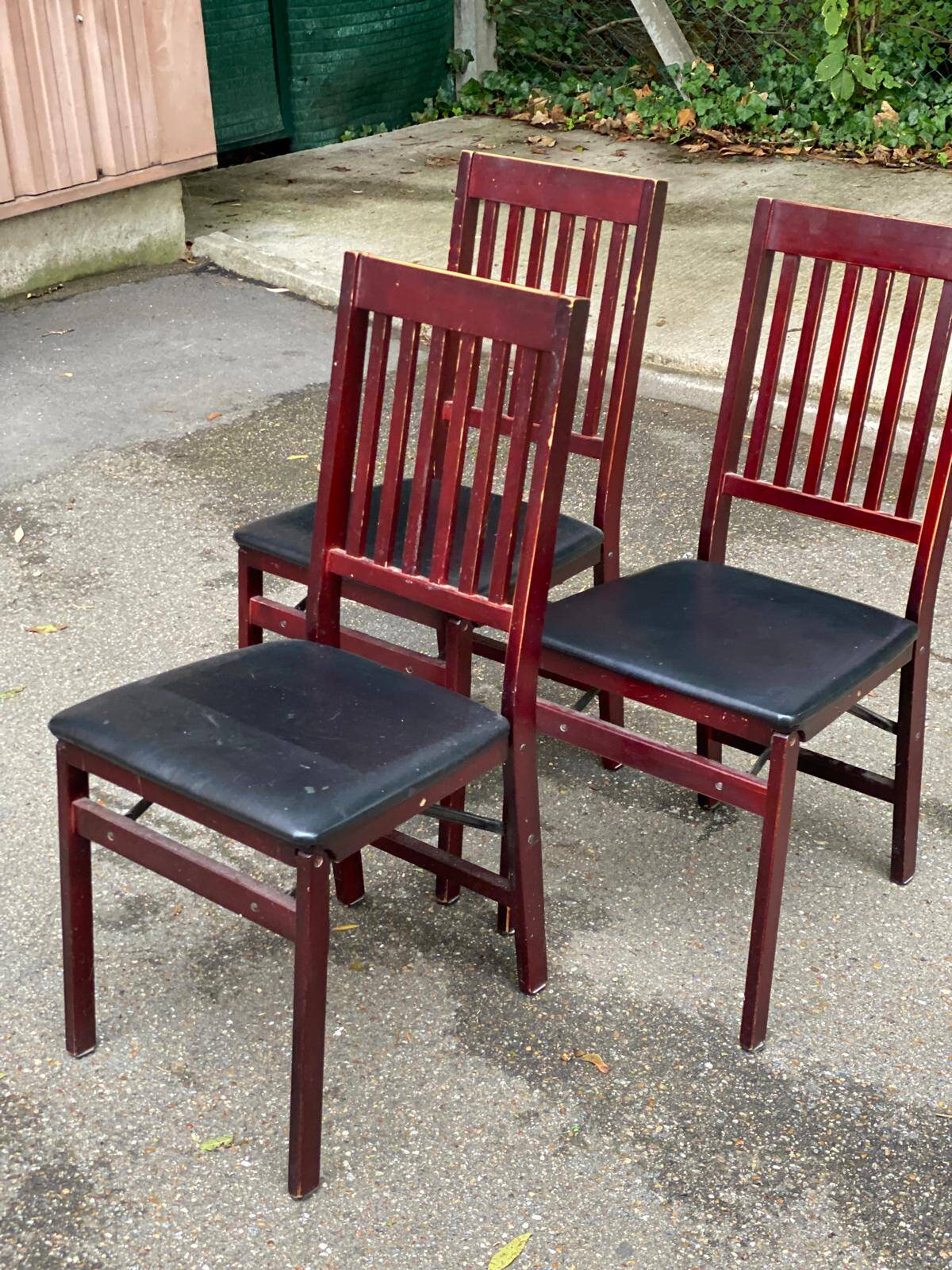 3 Scandinavian design chairs from the 1970s, solid wood, burgundy and black leather
