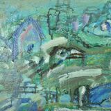 Abstract impressionism painting - Turquois Town with Animals