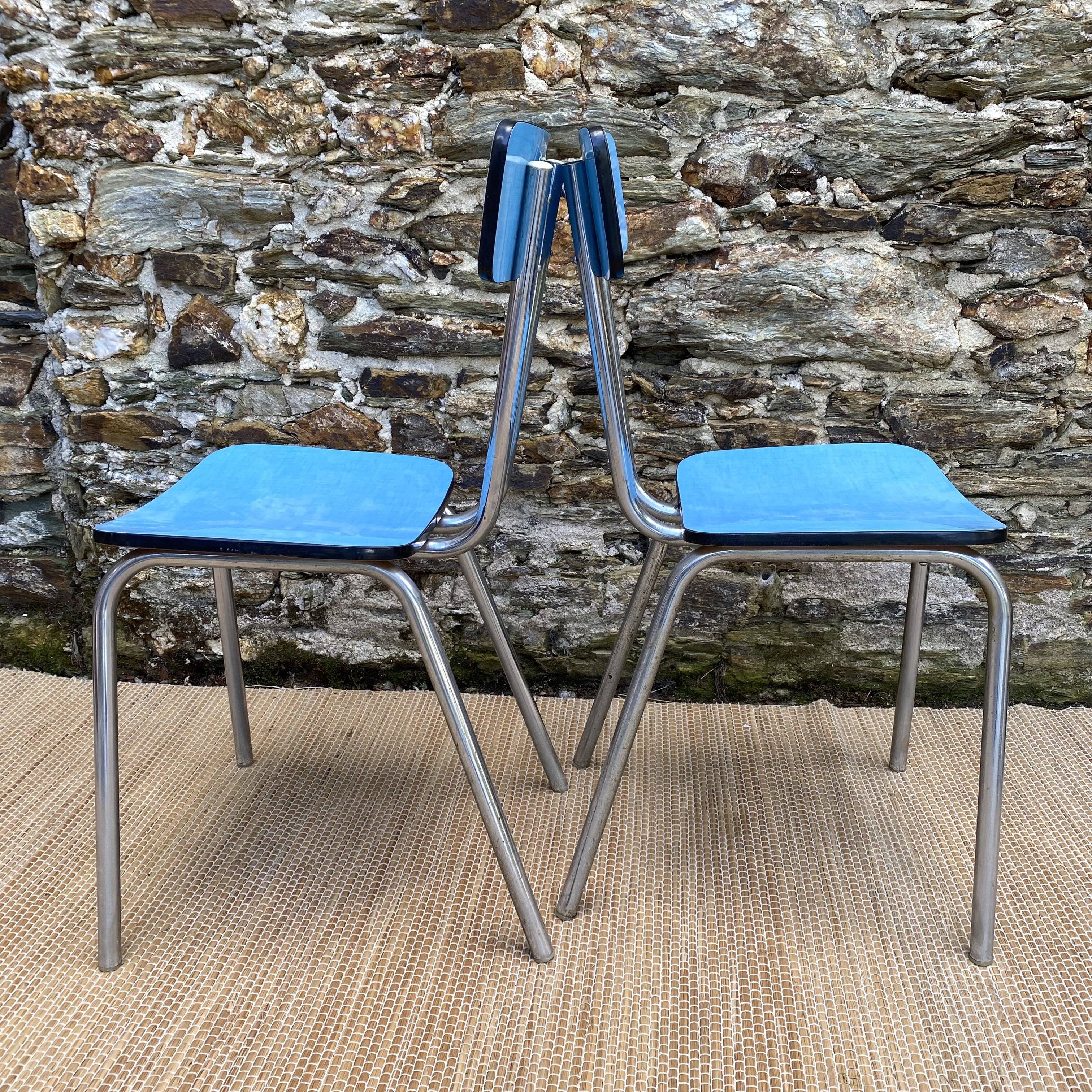 Extendable blue formica table and 2 chairs, 1960s