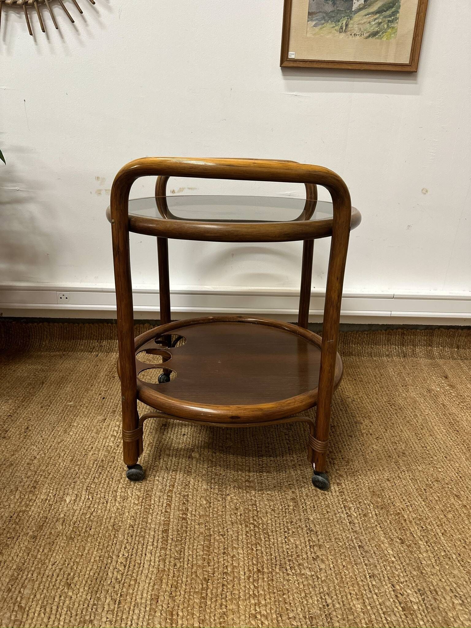 Vintage curved wooden rolling dessert trolley – smoked glass top