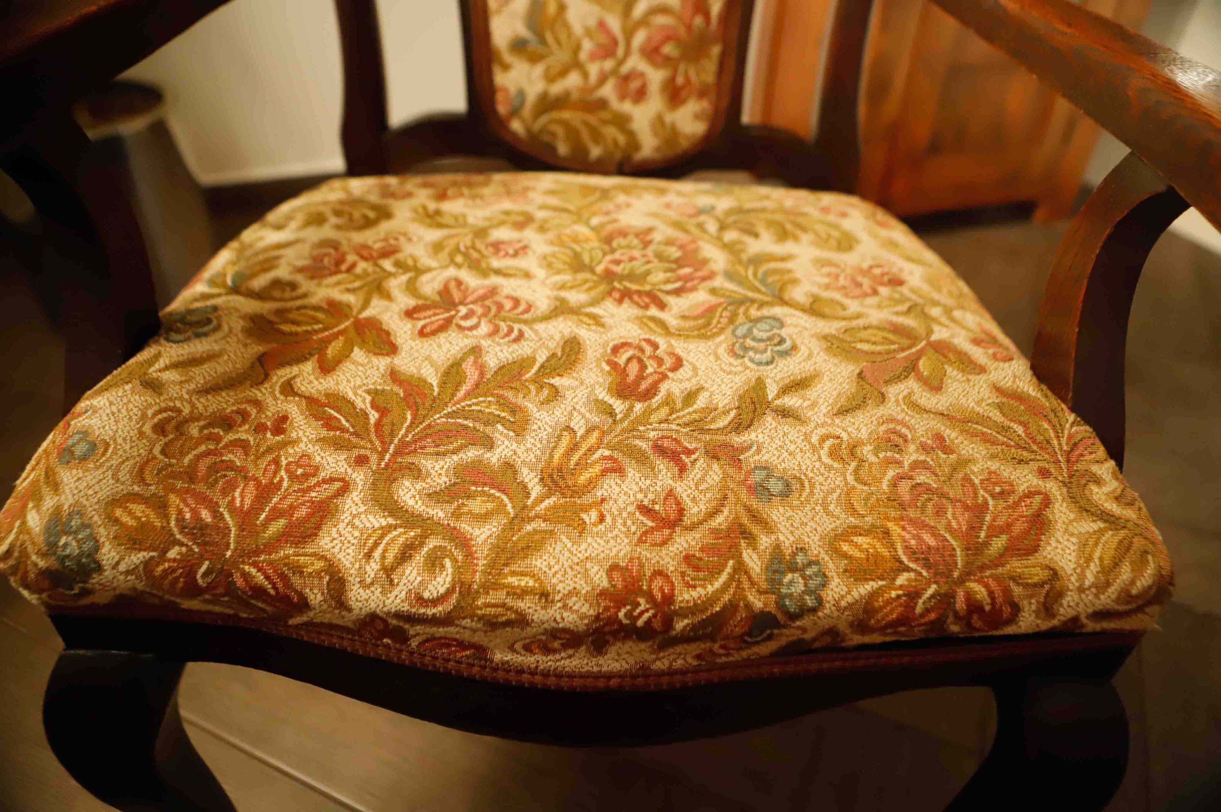 Antique Queen Anne Revival Carver Armchair with Floral Tapestry Upholstery