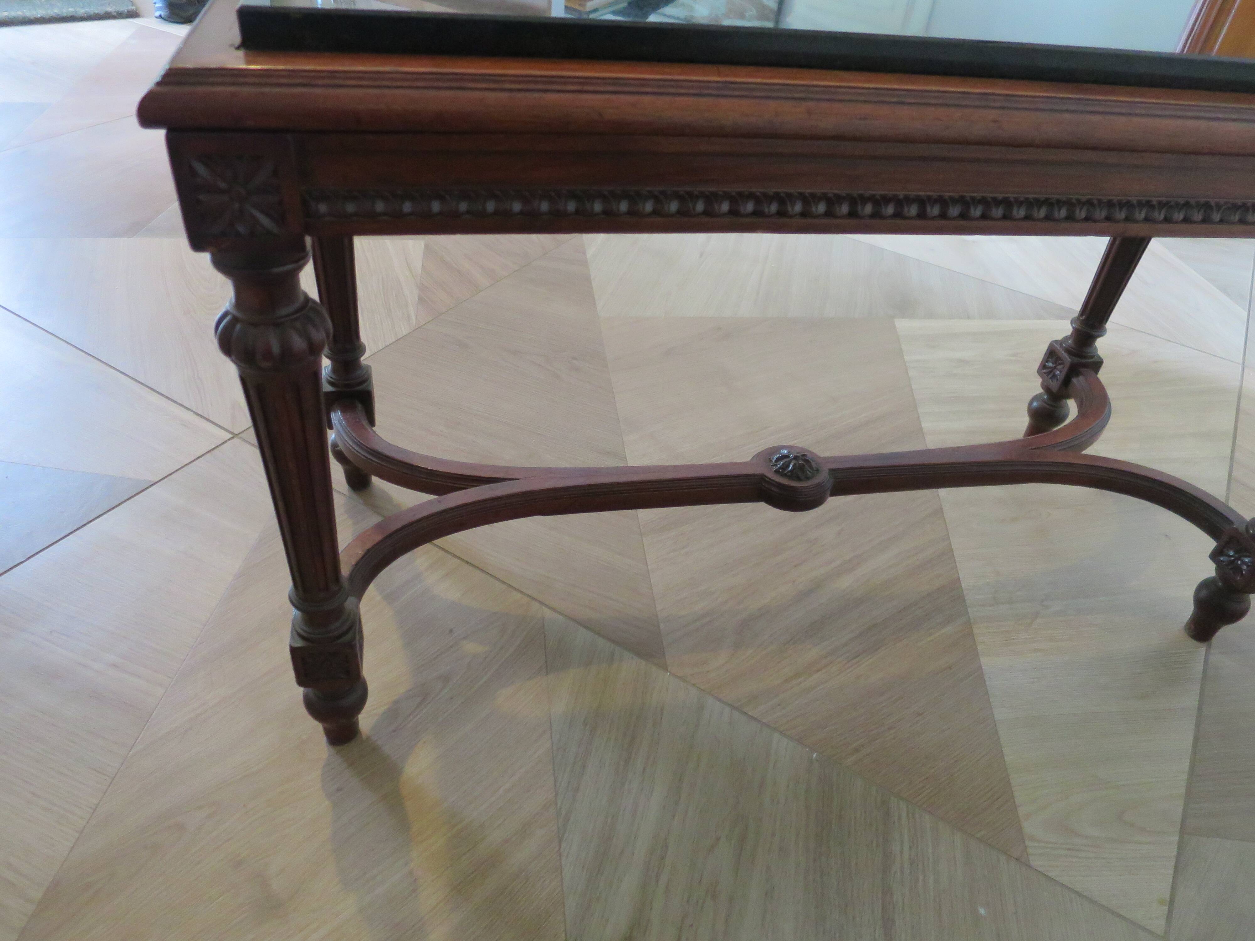 Coffee table - black marble top - Louis XIII style - H-shaped crossbar base