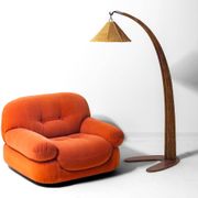 Italian wood arc floor lamp in rattan, 1970s