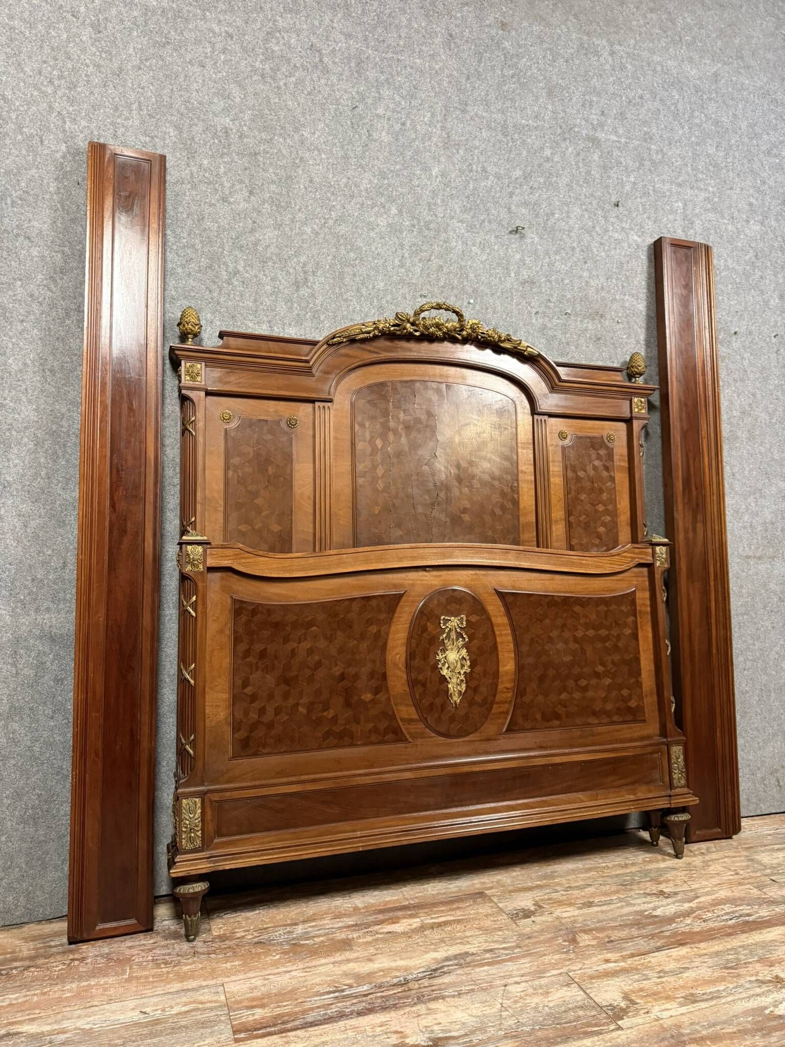 Louis XVI style Parisian center bed in marquetry and gilded bronze