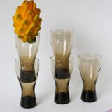 Set of 5 large Long Drink glasses in smoked glass Design, 1970