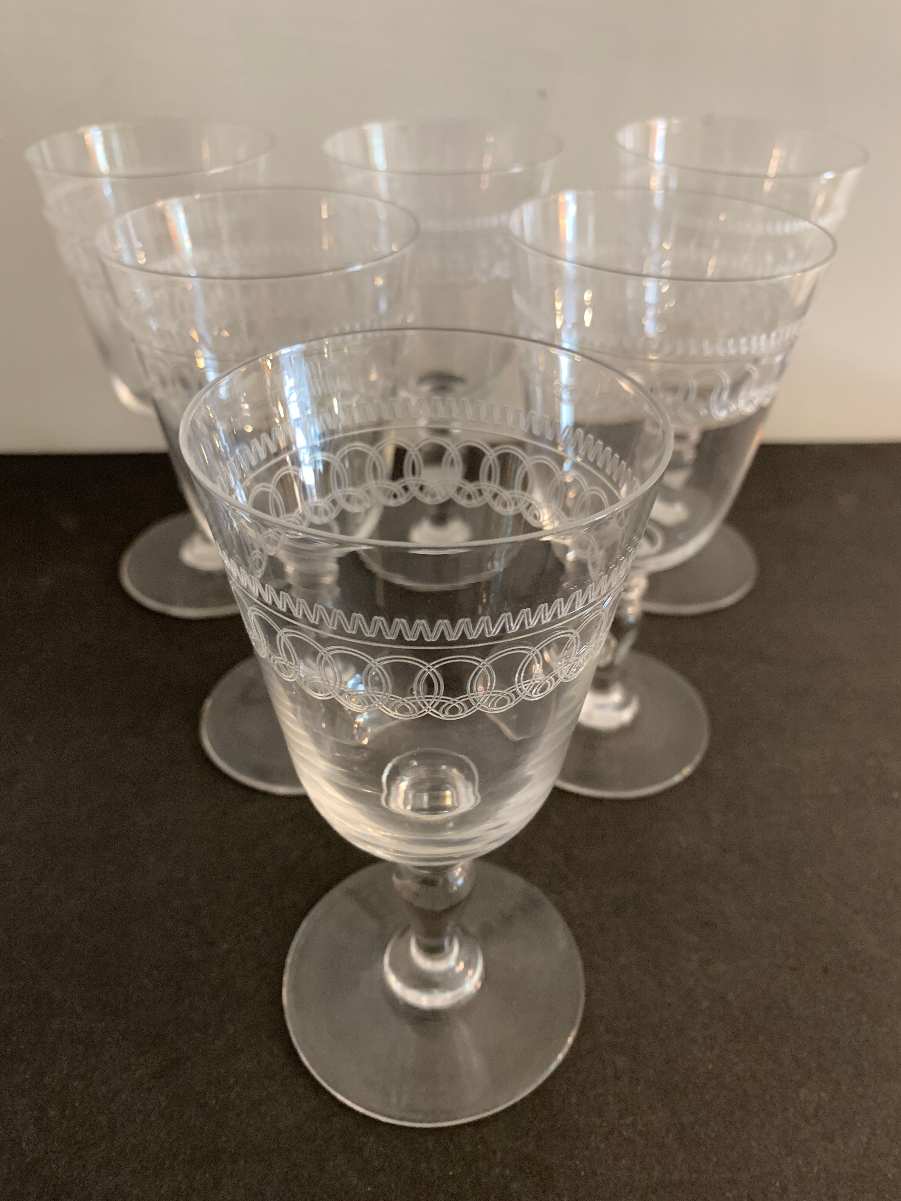 6 antique engraved crystal wine glasses