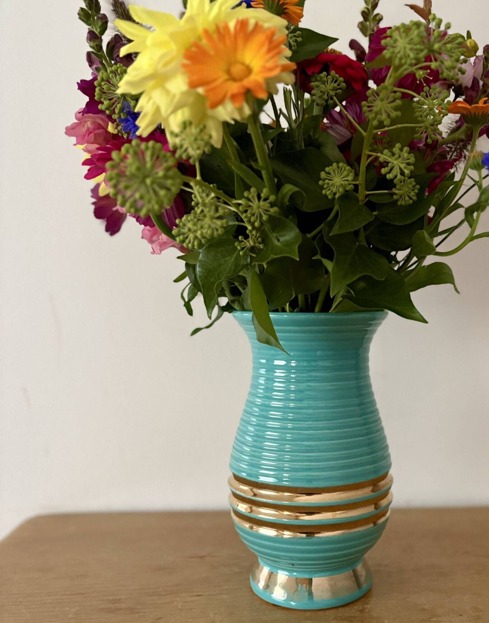 Vintage Art Deco vase in blue and gold ceramic