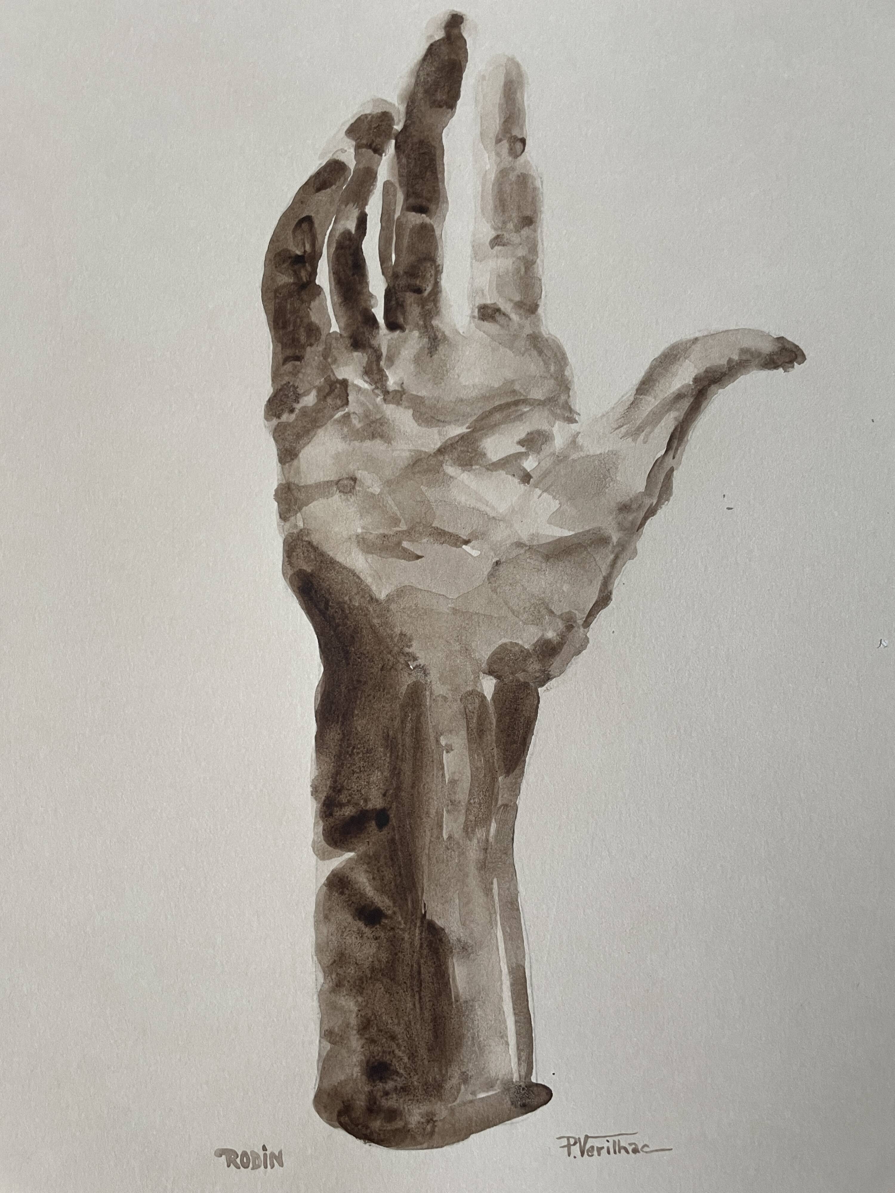 Painting signed watercolor monochrome sepia study statue “the hand reveals the man”