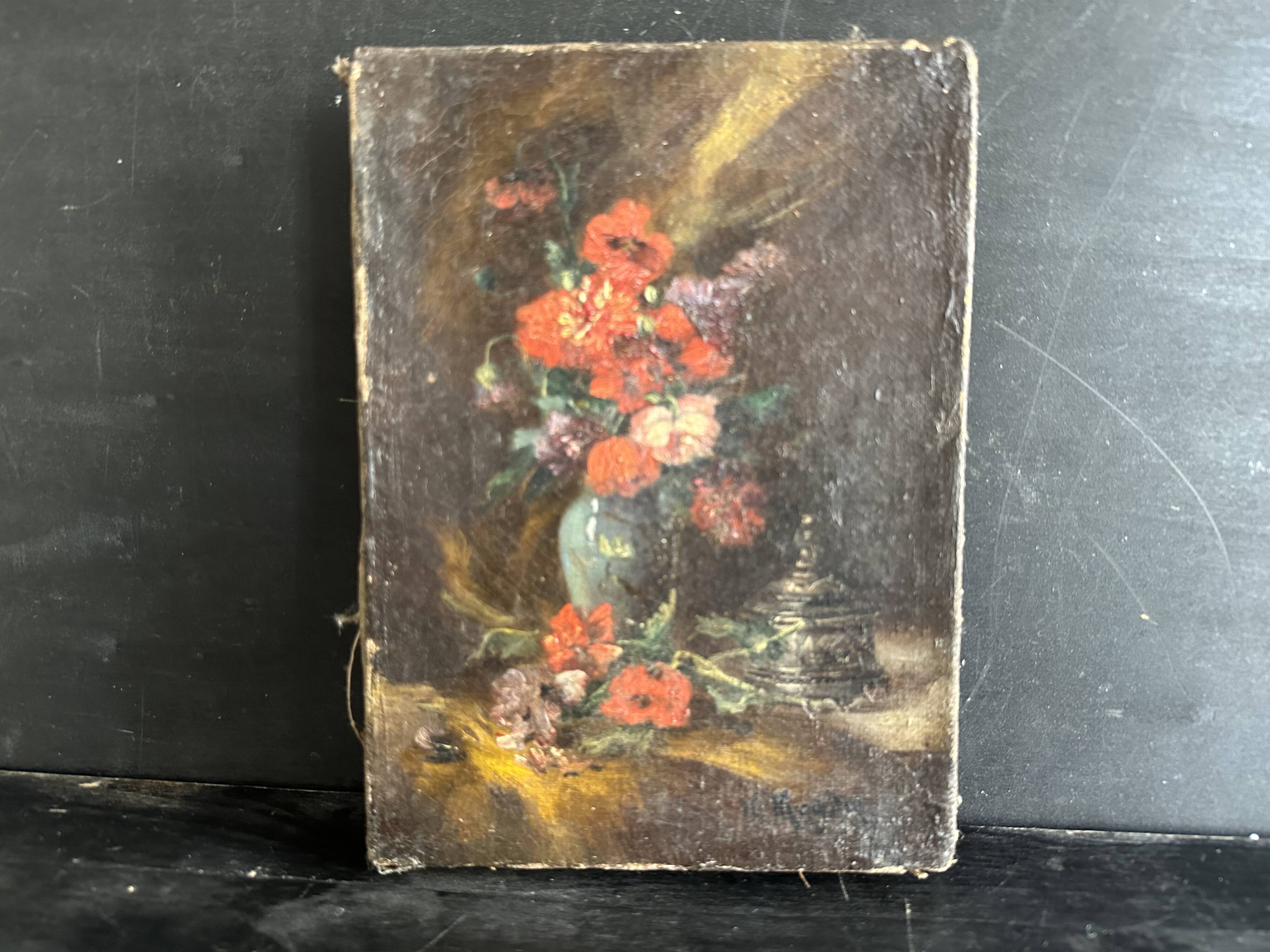 Tableau ancien fleurs signé avec cadre en bois et stuc doré, XIXe