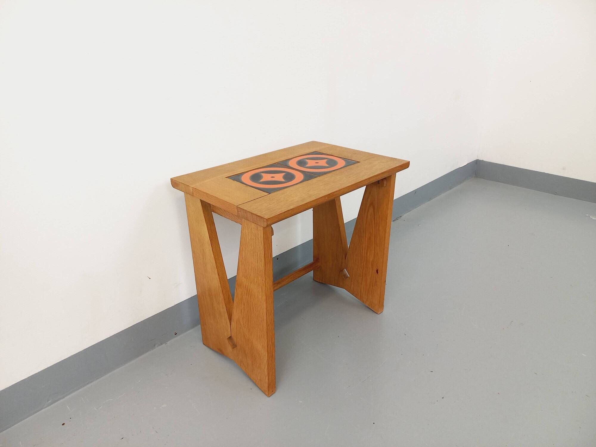 Vintage Guillerme and Chambron coffee and side table in solid oak and ceramic from the 50s and 60s