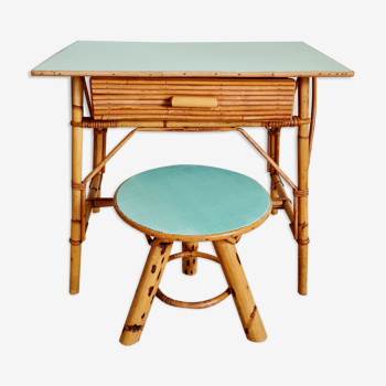Children's rattan desk and renovated stool