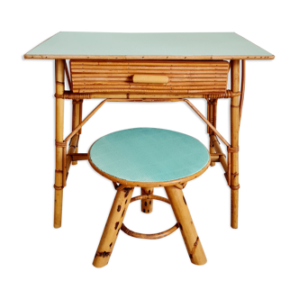 Children's rattan desk and renovated stool