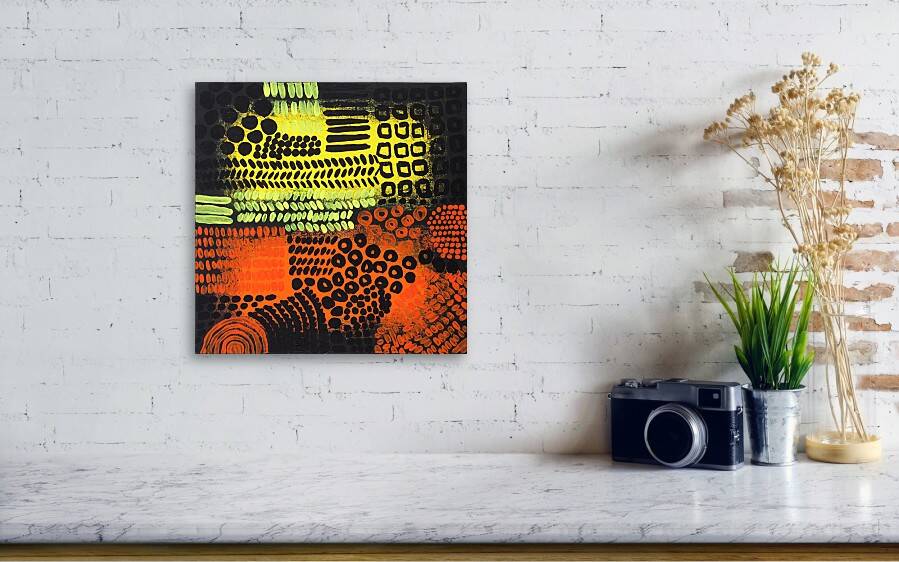 Orange, black and yellow abstract acrylic painting on stretched canvas