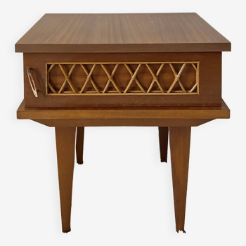 Rattan and wood bedside table