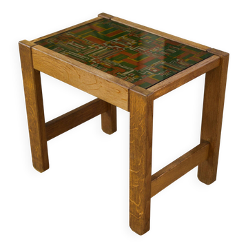 Occasional table in solid oak with a fabric top in the style of Guillerme and Chambron from the 1960s.