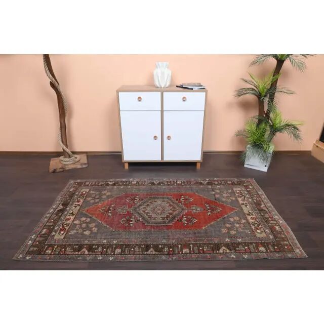 Vintage Turkish Oushak Handmade Wool Cotton Red Area Rug 110x227