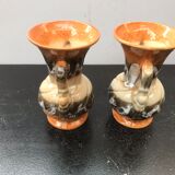 Paire de vases ancien céramique multicolore avec 2 anses vintage