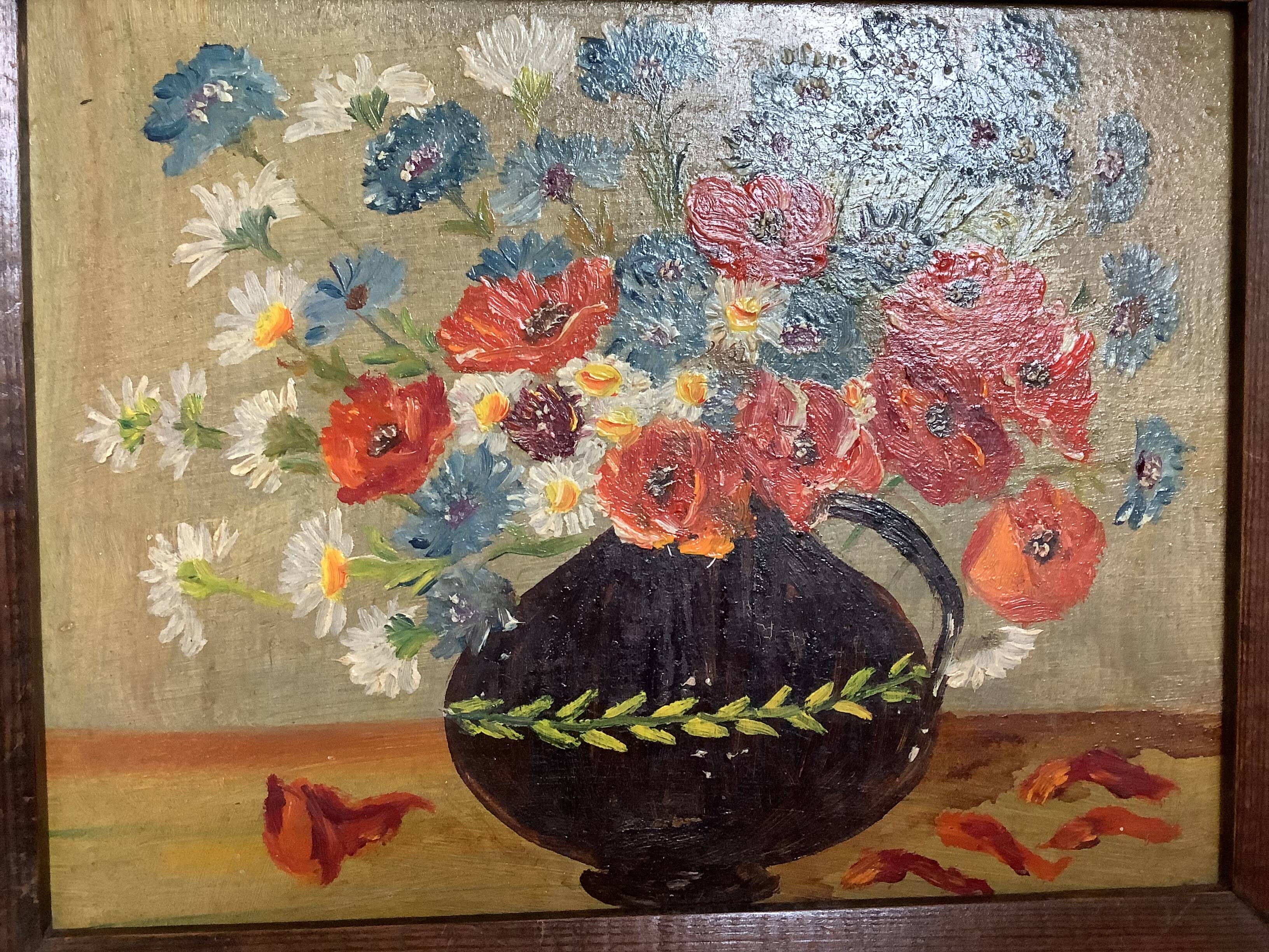 Bouquet of flowers oil on panel painting