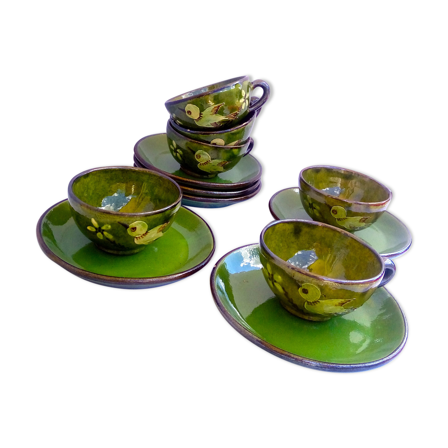 6 tea cups/green ceramic bird coffee