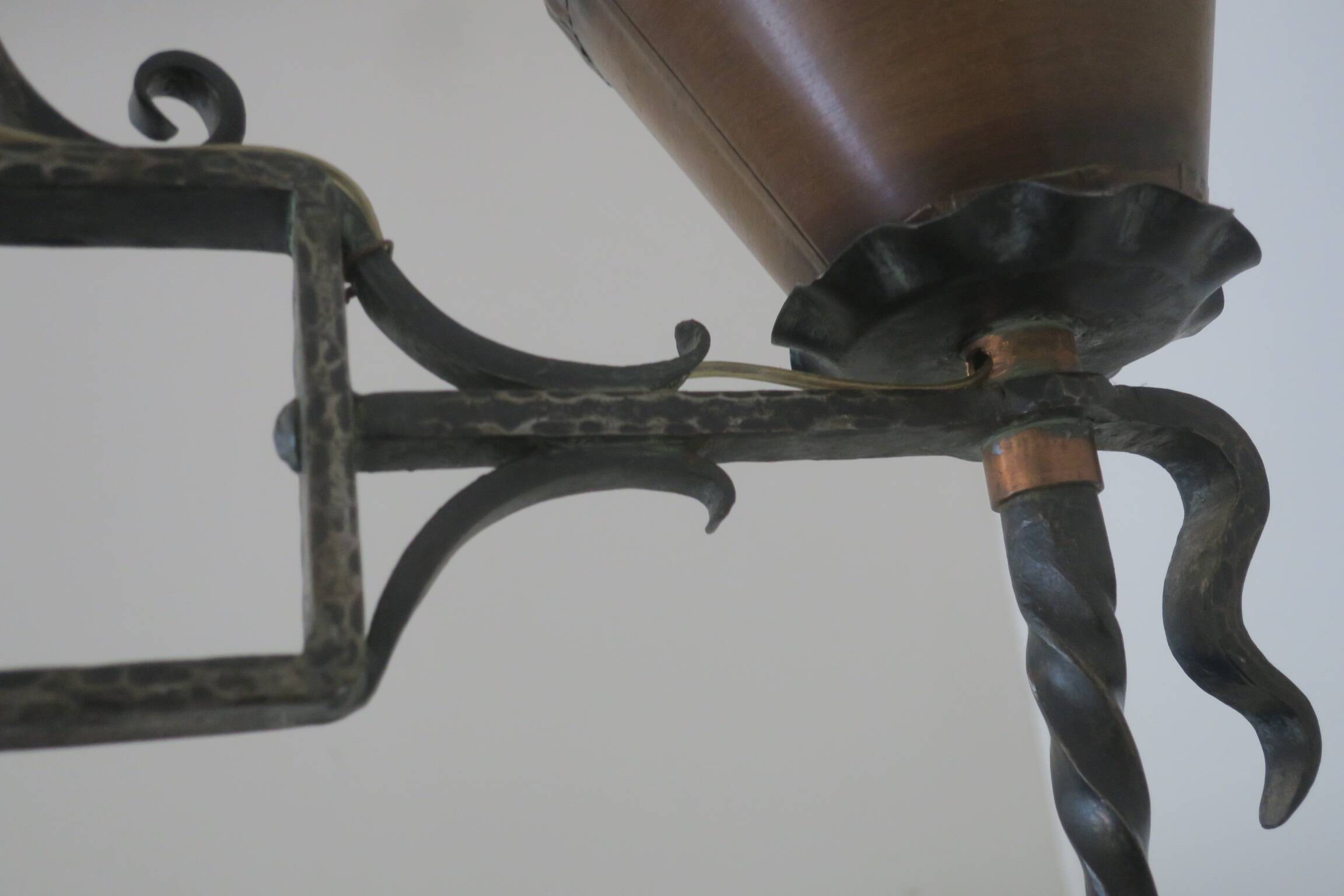 Brutalist wrought iron and copper 2-arm chandelier, 1960s