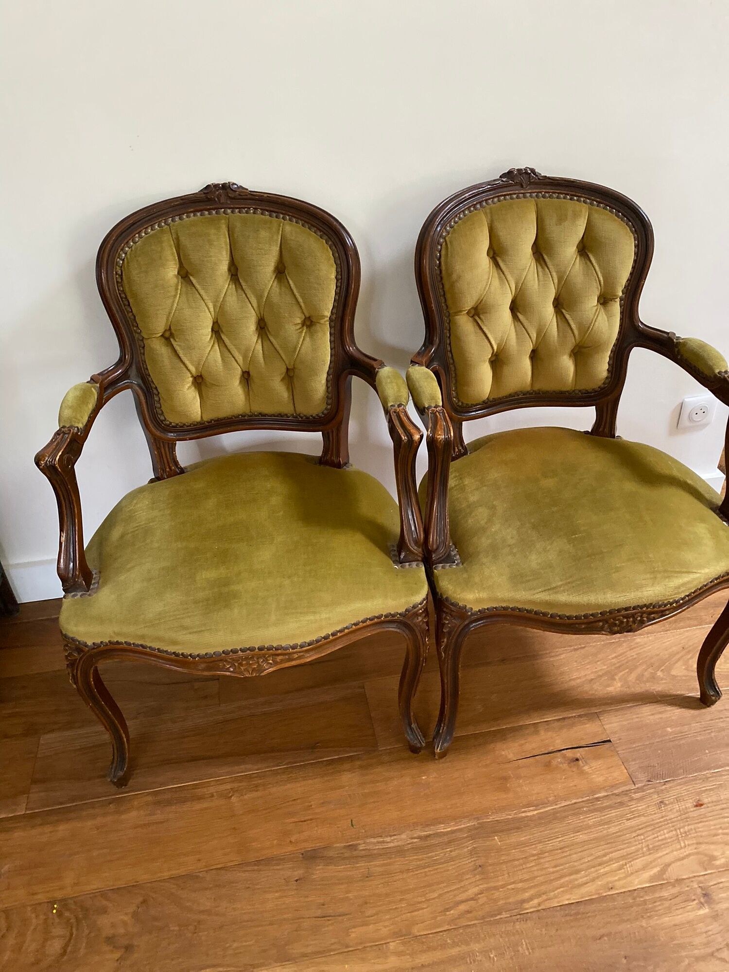 Cabriolets or Bergère armchairs Louis XV style in light green upholstered velvet