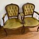 Cabriolets or Bergère armchairs Louis XV style in light green upholstered velvet