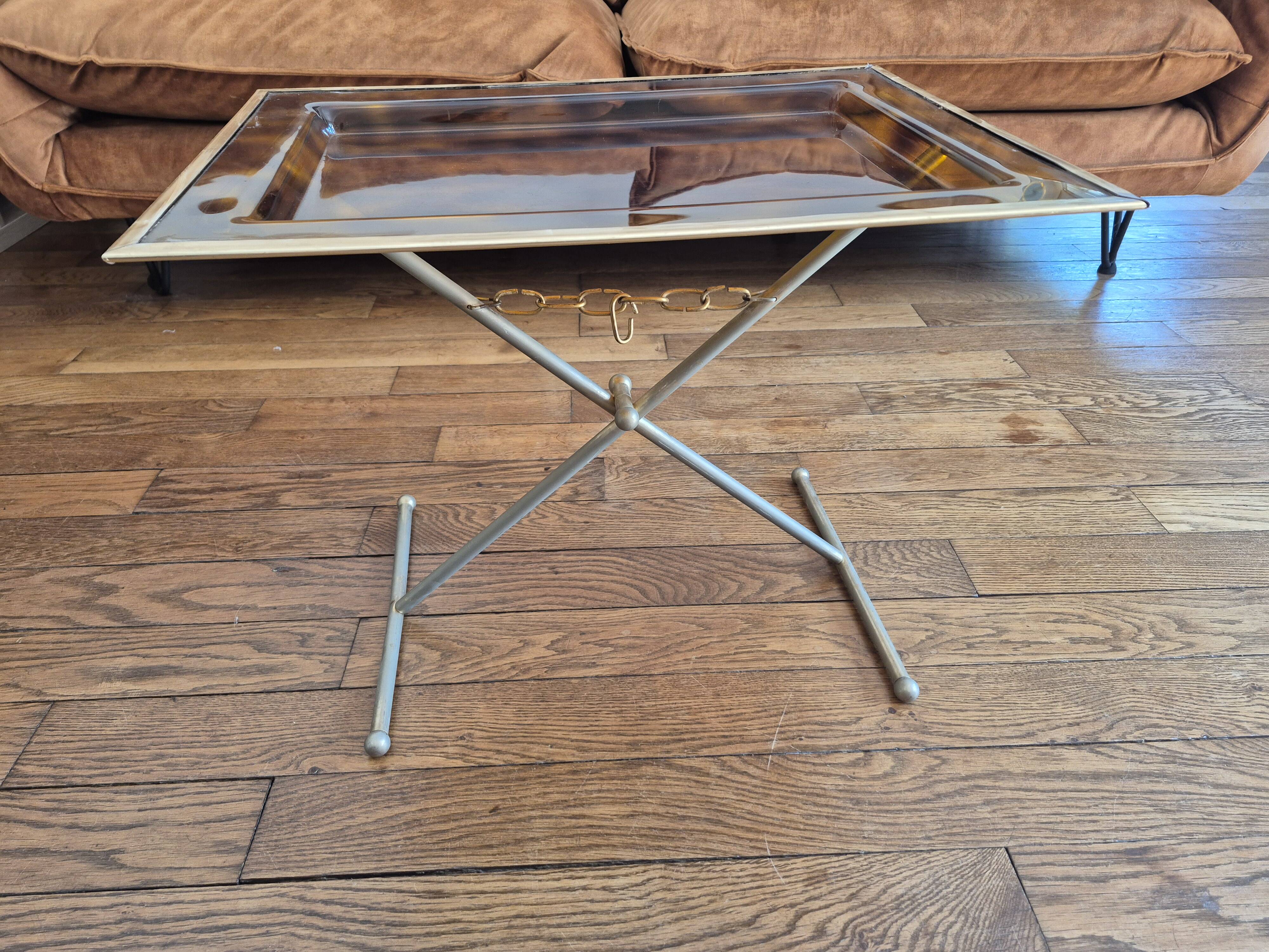 Coffee table with amber Bakelite top, turtle pattern, Vintage 70's
