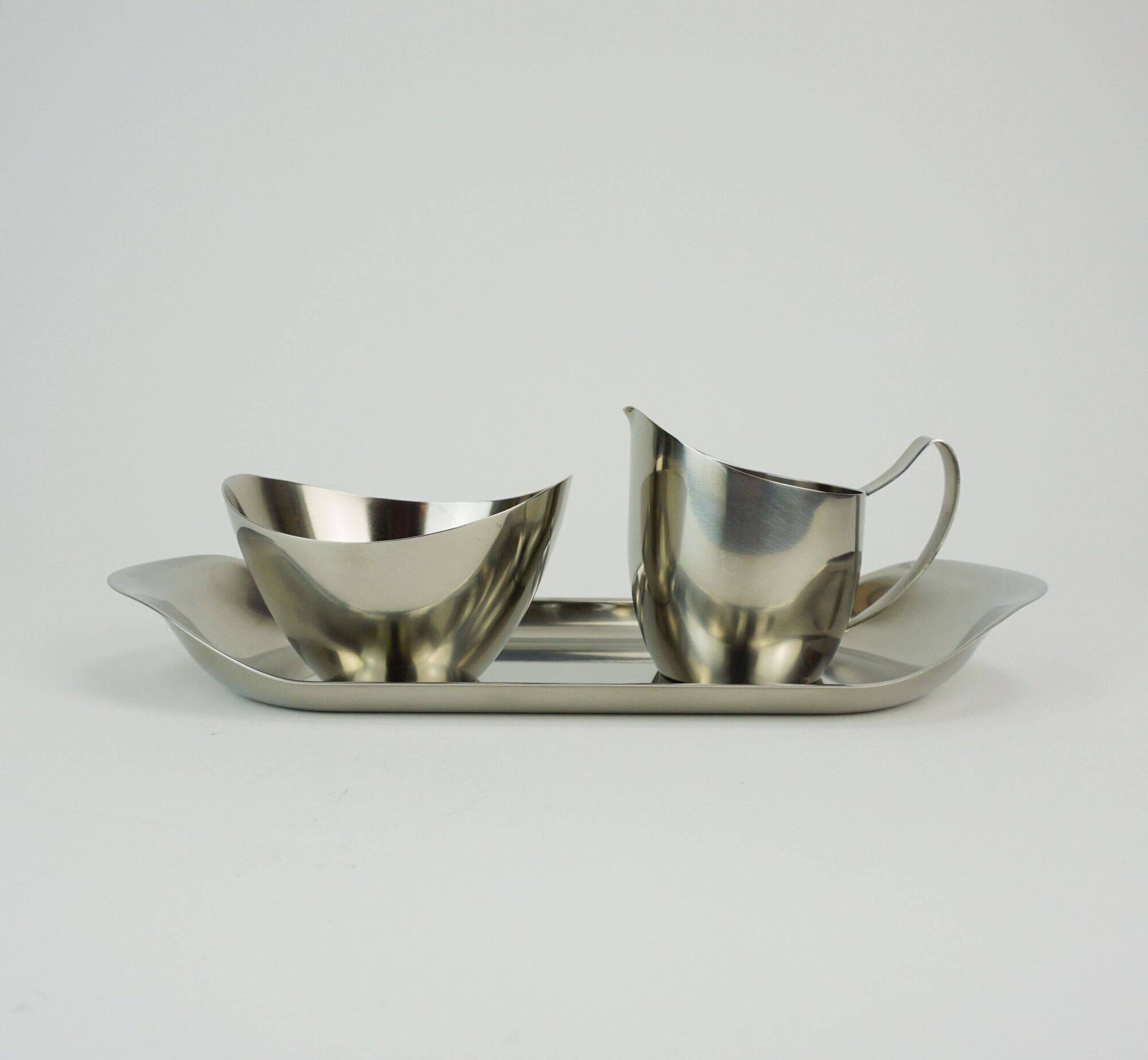 Danish 3-piece set sugar bowl creamer and tray stainless steel