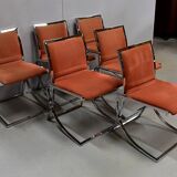 Suite de 6 chaises en métal chromé et feutrine brique 1970