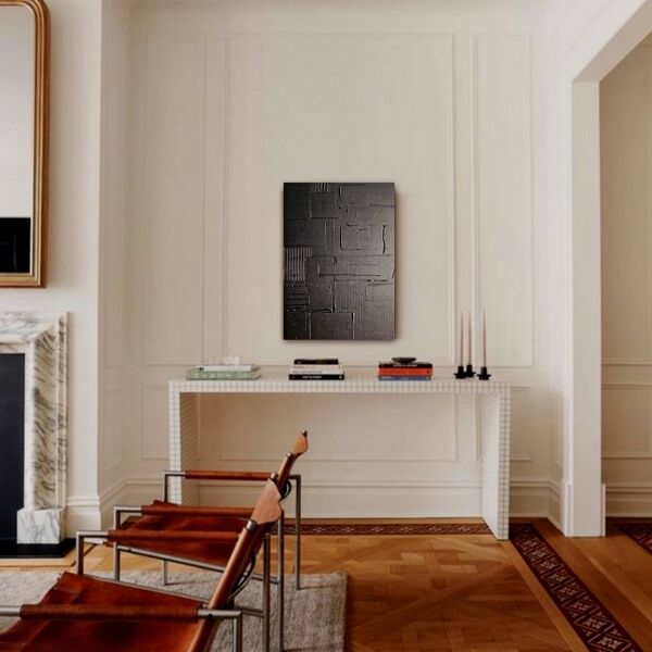 Tableau peinture abstraite monochrome minimaliste noir