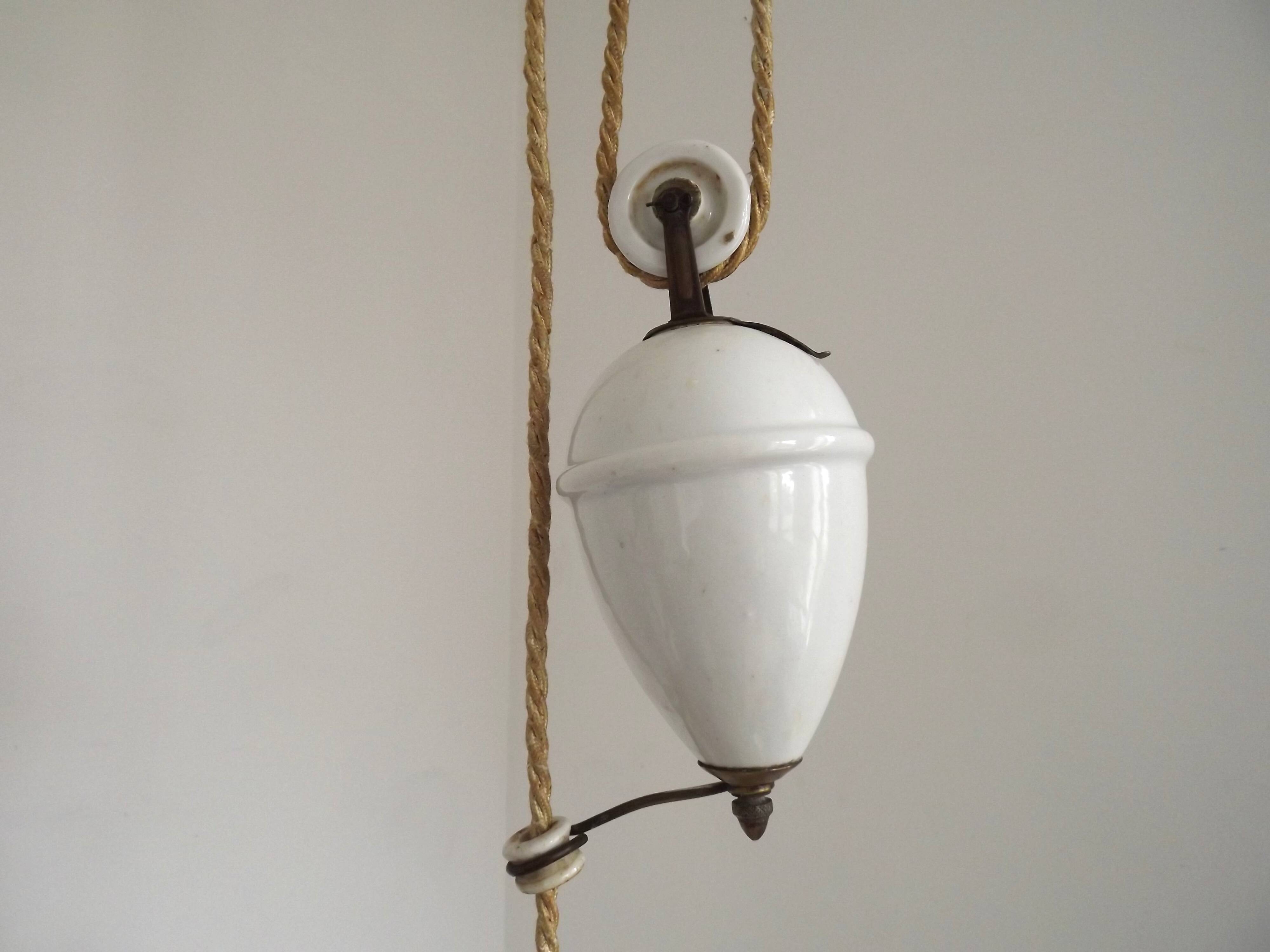 Vintage French Rise & Fall Counterbalance Ceiling Light Opaline Glass Shade