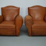Pair of French club chairs with moustache back in cognac leather, 1950s