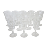 12 old transparent champagne flutes – white floral pattern
