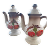 Small vintage stoneware teapot with flower and fruit patterns