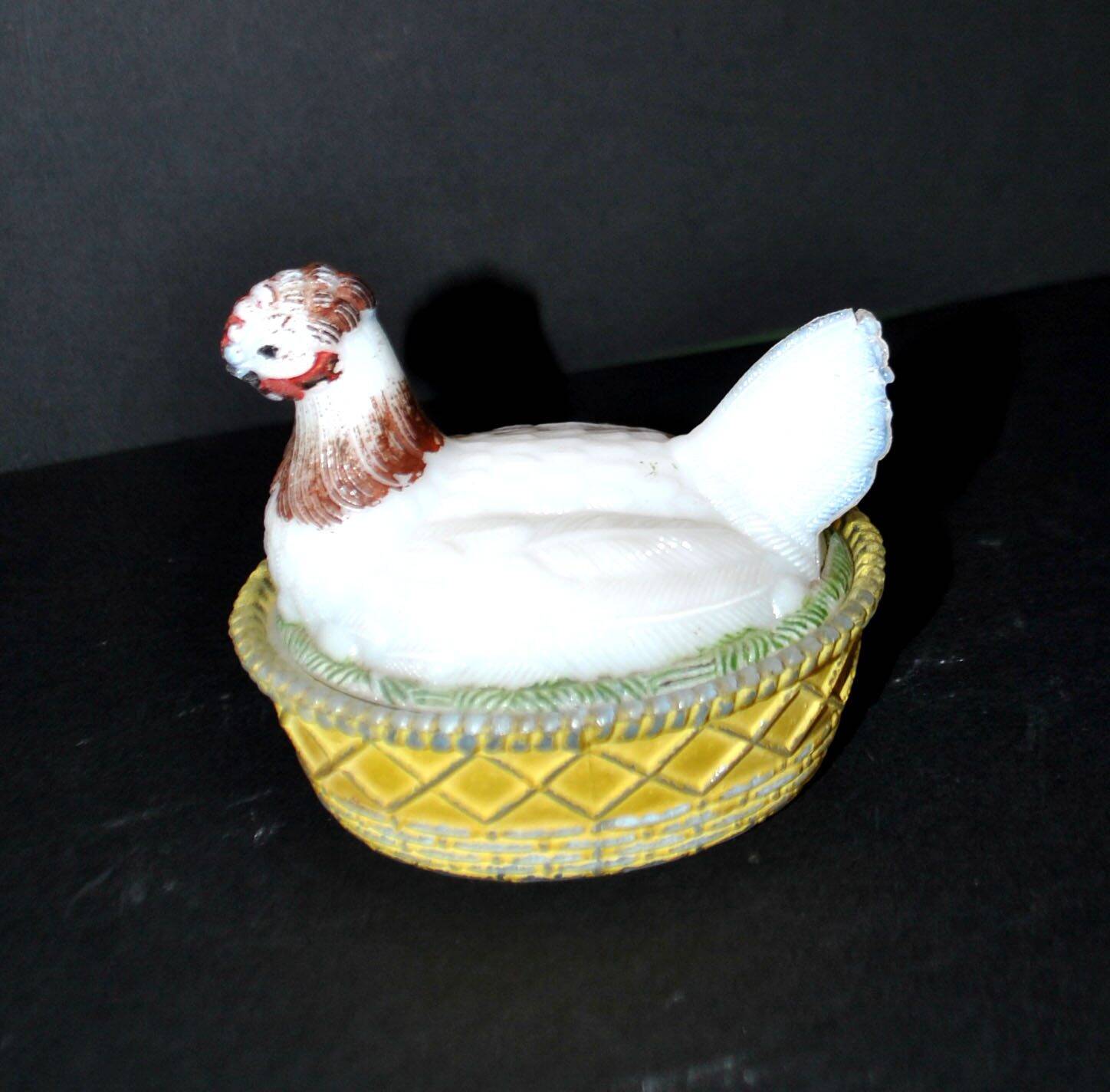 Portieux painted opaline glass hen candy box