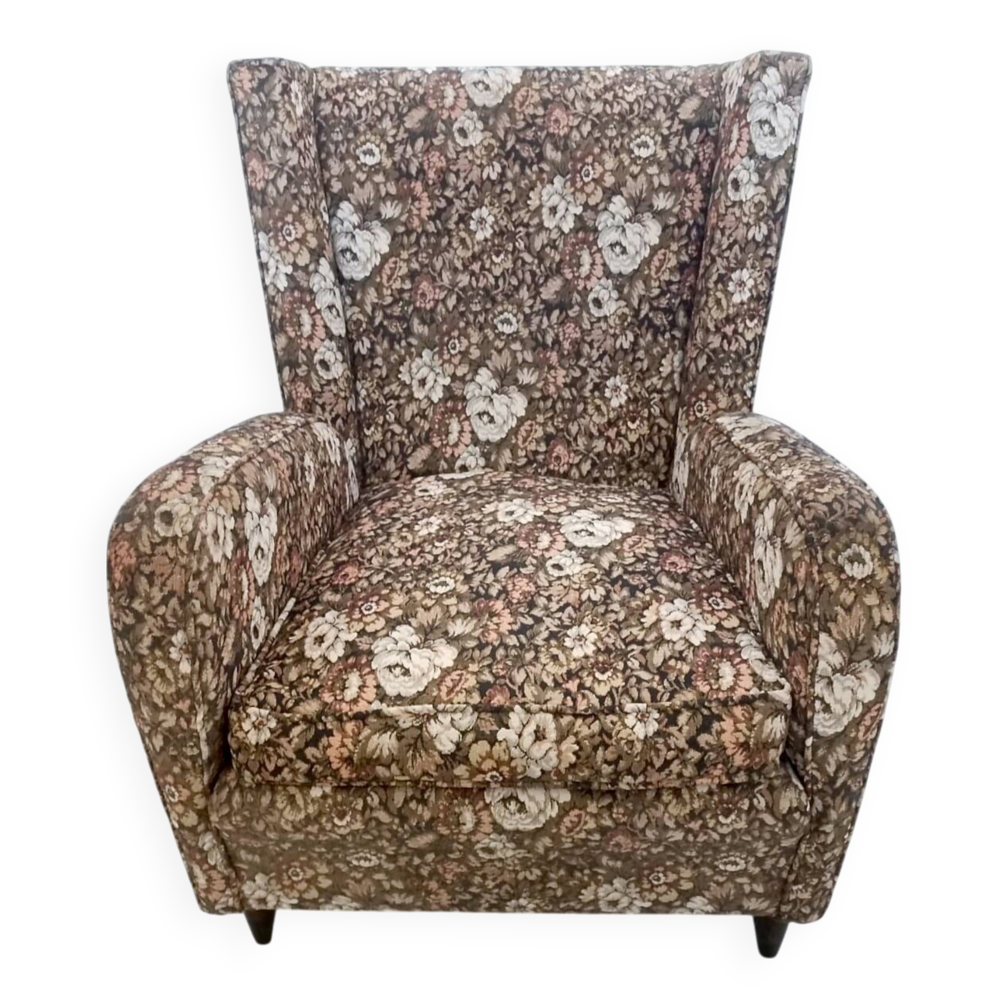 High-Quality Brown Floral Fabric Armchair attr. to Paolo Buffa, Italy