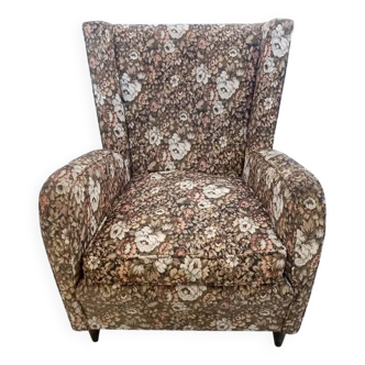 High-Quality Brown Floral Fabric Armchair attr. to Paolo Buffa, Italy