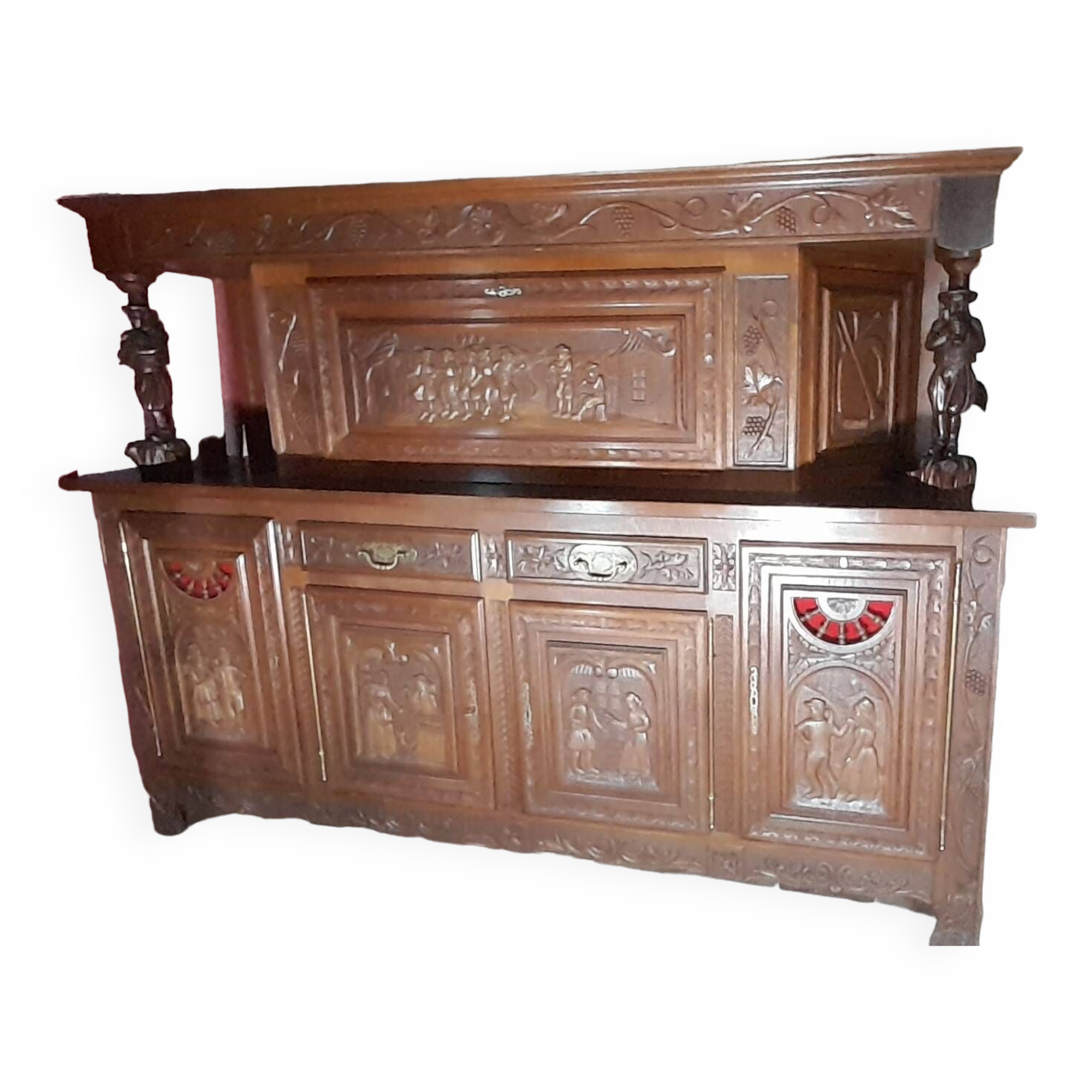 Breton buffet furniture 2 bodies carved by a Breton craftsman in oak with 2 keys