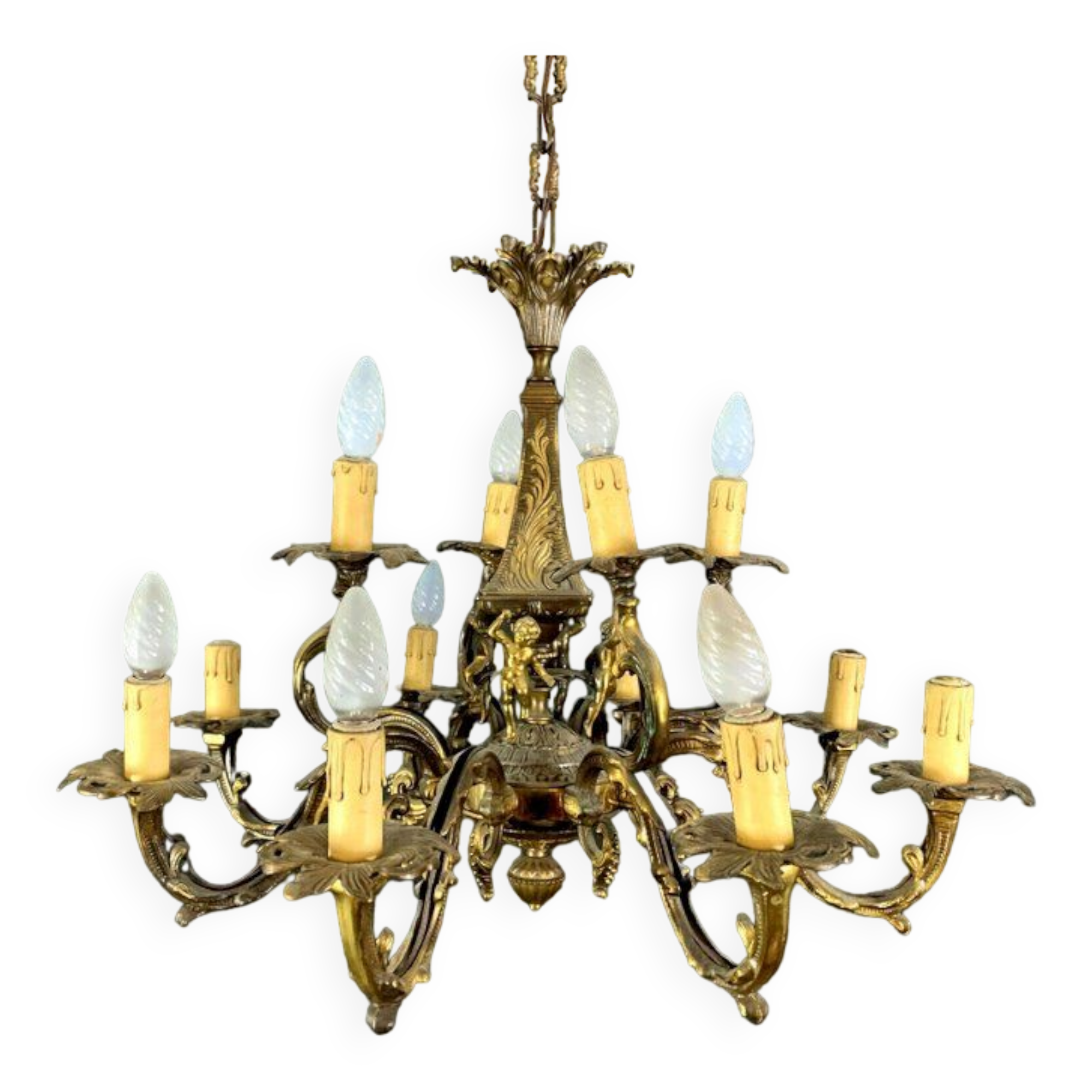 Napoleon III style chandelier in gilded bronze and patinated with putti decorations